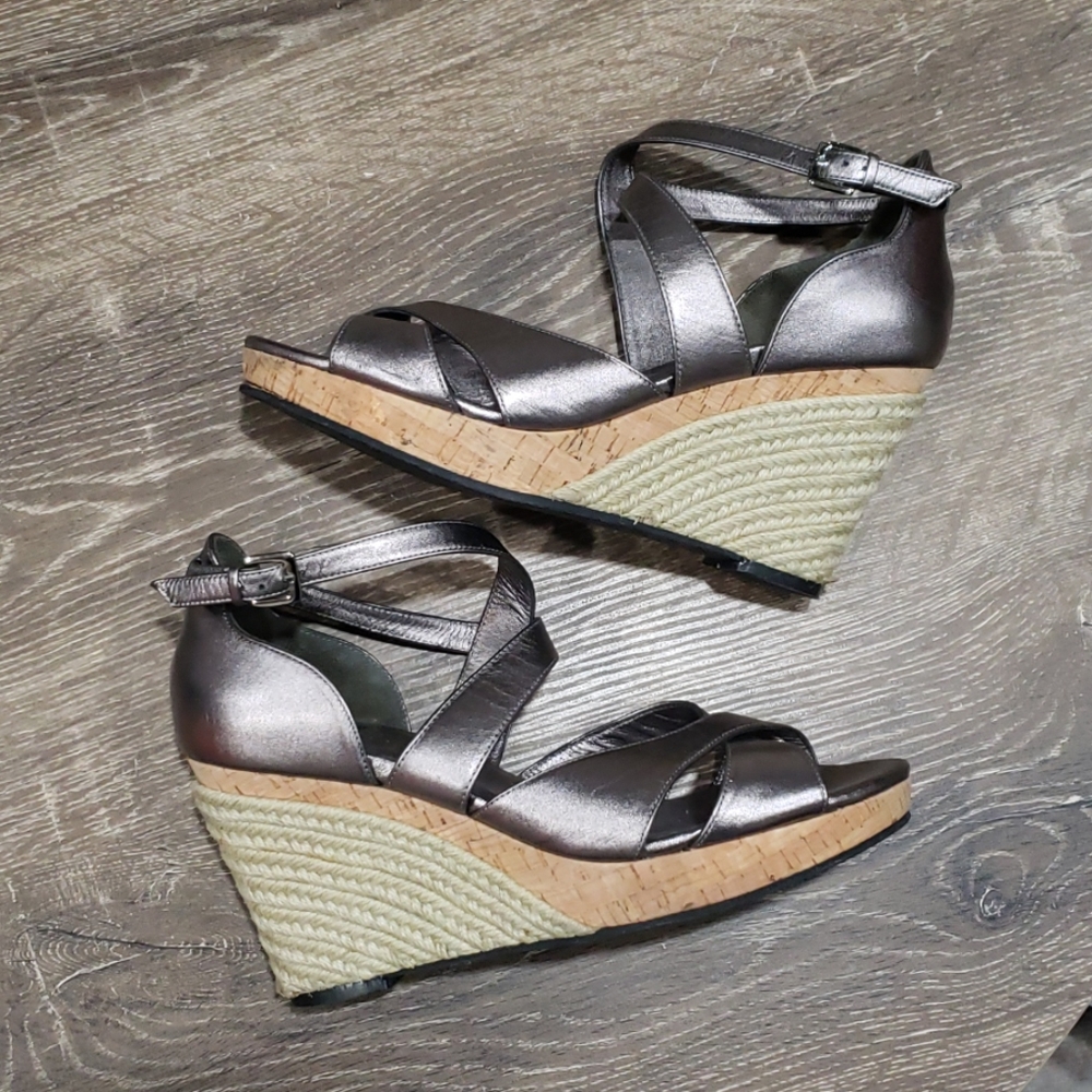 Cole Haan pewter leather wedge sandals size 8.5